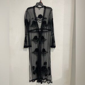 Primark Black Sheer Floral Lace Long Robe